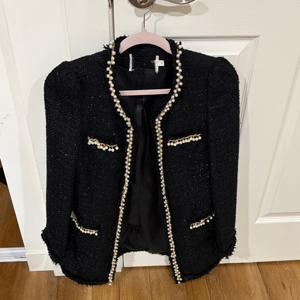 Elegant Black Tweed Jacket with Pearl Trim